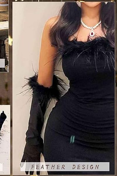 Hayalperest boncuk Mănuși de nuntă de mireasă din satin cu pene lungi pentru femei Mănuși lungi de petrecere de bal negru