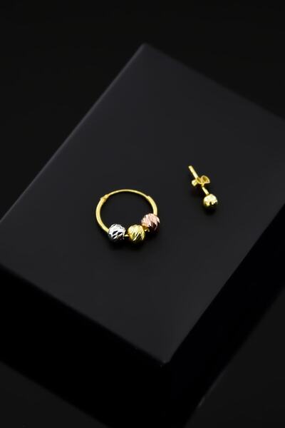 Sinsirella 925 Ayar Gümüş Üç Renkli Dorika Toplu Halka Ve Çivili Top Küpe