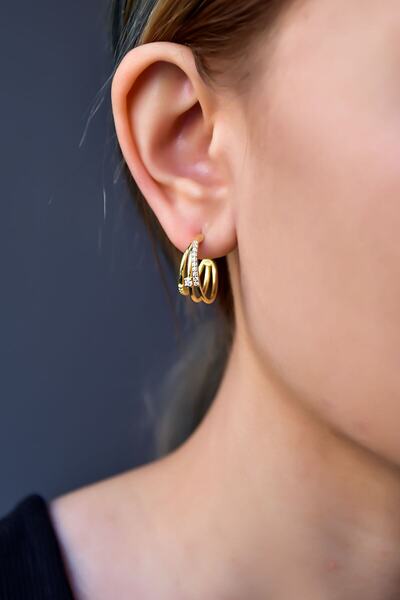 Sinsirella 925 Ayar Gümüş Gold Kaplama Zirkon Taşlı Üçlü Halka Küpe