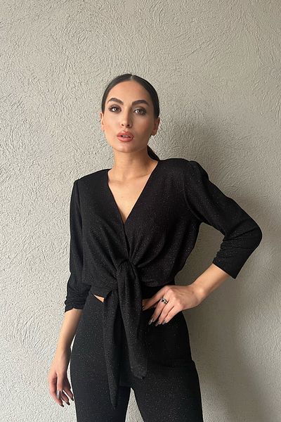 Seda Yalçın Atelier Black Glitter Crop Blouse and Trousers Set