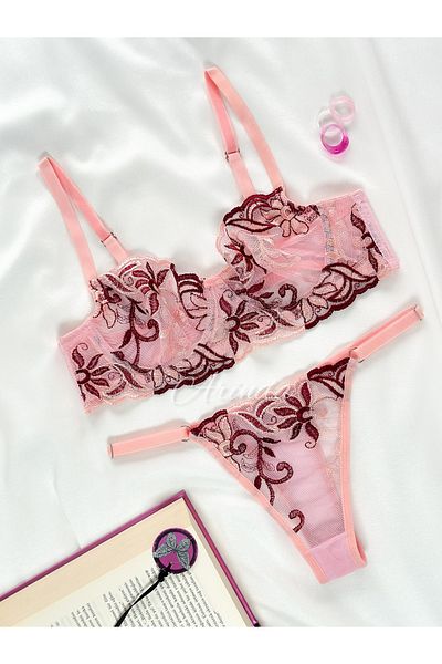 Arinda Nora Underwire Brode Cupless Underwear Set Powder Pink Claret Red