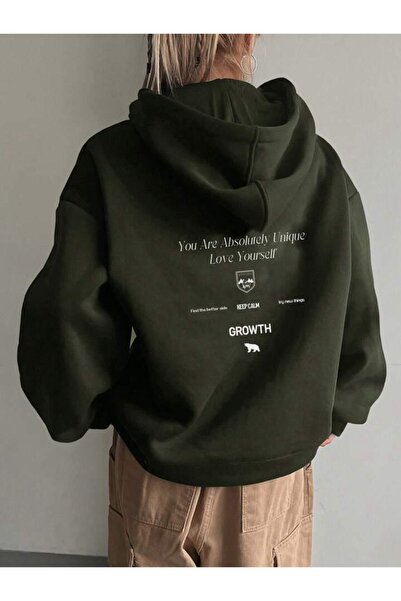 AFROGİYİM Women's Khaki You Are Love Yourself Printed Oversize Hooded Hoodie