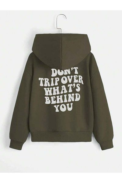 AFROGİYİM Unisex Khaki Dont Trip Over Whats Printed Oversize Hoodie με κουκούλα με τρεις κλωστές