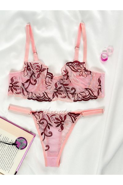 Arinda Nora Underwire Brode Cupless Underwear Set Powder Pink Claret Red