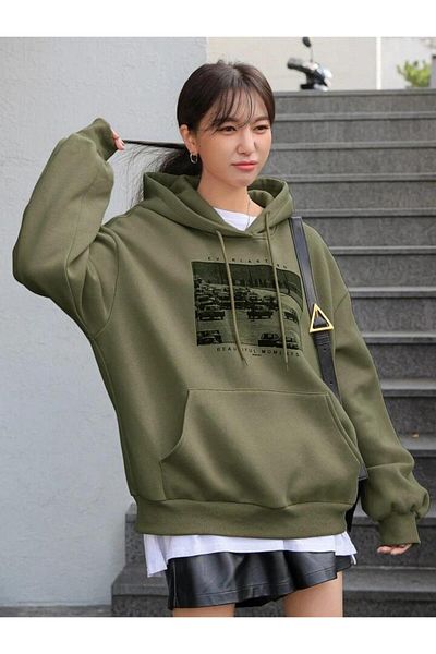 AFROGİYİM Unisex Χακί Beatiful Moment Printed Oversize Φούτερ με κουκούλα τριών χορδών
