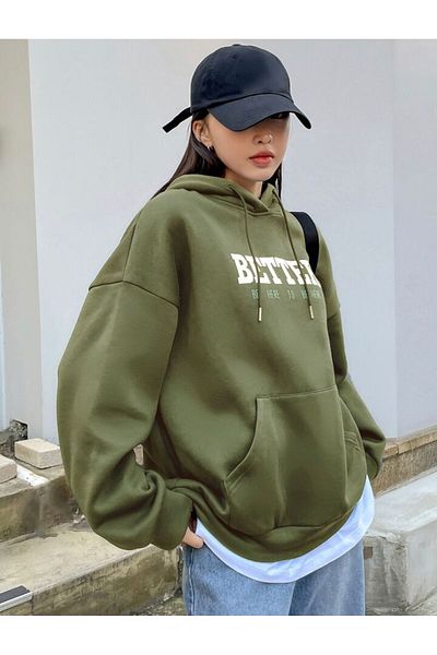 AFROGİYİM Unisex Khaki Better Here Go Printed Oversize Three String Hoodie