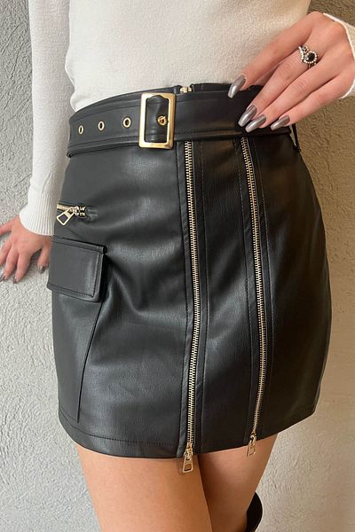 Seda Yalçın Atelier Black Gold Zippered Belted Leather Skirt