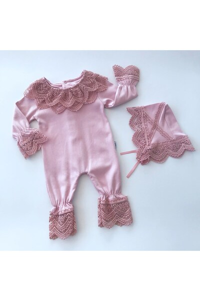 MİNİBORN Juliet Yaka Ve Şapkası Dantelli Pamuklu Tulum