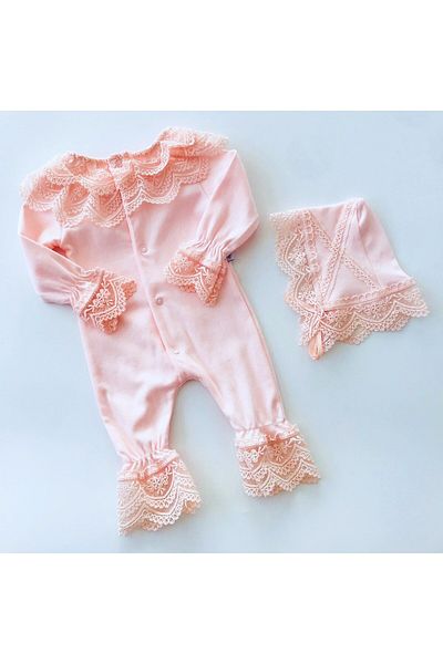 MİNİBORN Juliet Cotton Jumpsuit with Lace Collar and Hat