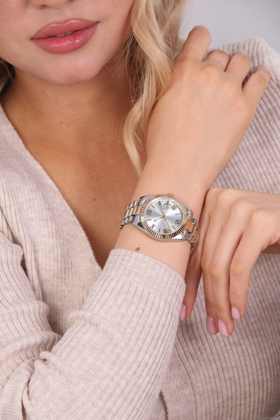pierrose Gümüş Gold Çift Renk Çelik Kordon Roma Rakamlı Takvimli Kadın Kol Saati
