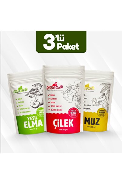 SagaFresh Dondurularak Kurutulmuş Meyve 3'lü Set 2 (Yeşil Elma 25g, Muz 30g, ...