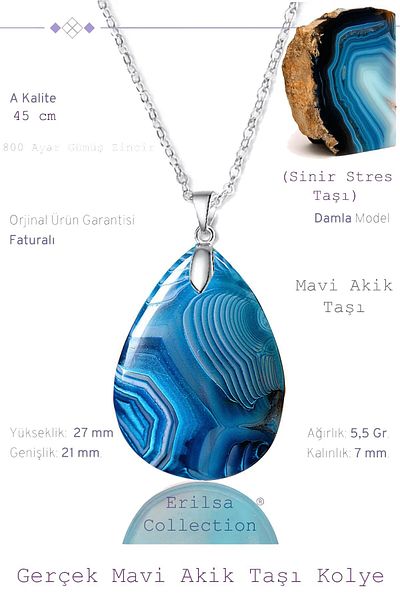Tesbih Atölyesi Certified Drop Model Real Blue Agate Stone Necklace - With Silver Apparatus