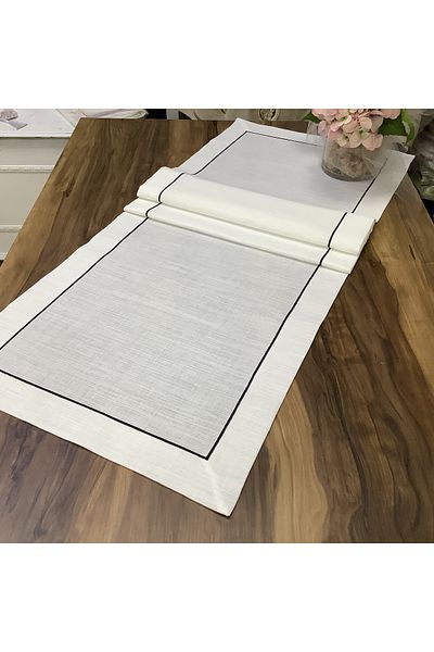 OYA home Black Pico Detailed Tablecloth & Ranir & Napkin (8) & American Service (8) Set