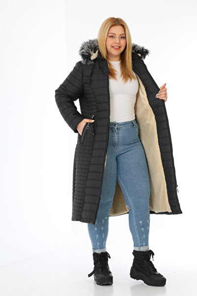 TUTveAL Collection Women's Black Fur Lined Coat Long Quilted Coat Hooded Plus...