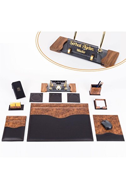 Ofistike 9 Parça Siyah ve Kök Ağaç Ahşap Desen Lüks Sümen Takımı Elit Kristal Ofis Masa İsimliği Sümen Seti