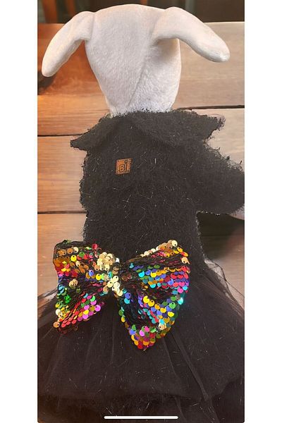 Bi Dolap Ponçik Party Dress Soft Glitter Fabric Black Stylish Cat Dog Outfit & Dress with Sequin Ribbon