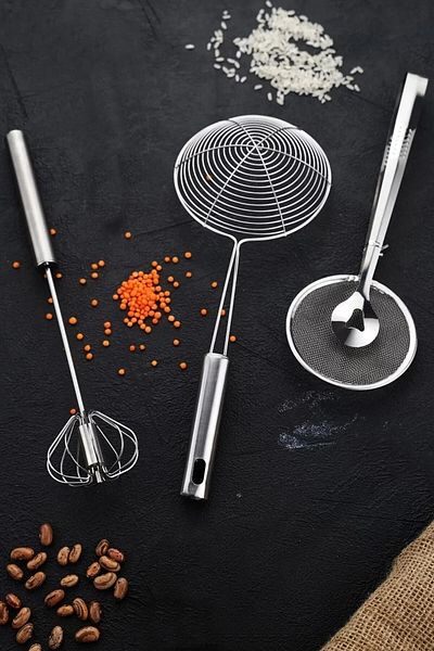 HB LİFE 3 Pieces Kitchen Set Automatic Pressing Beater, Oil Colander, Frying Tongs with Strainer