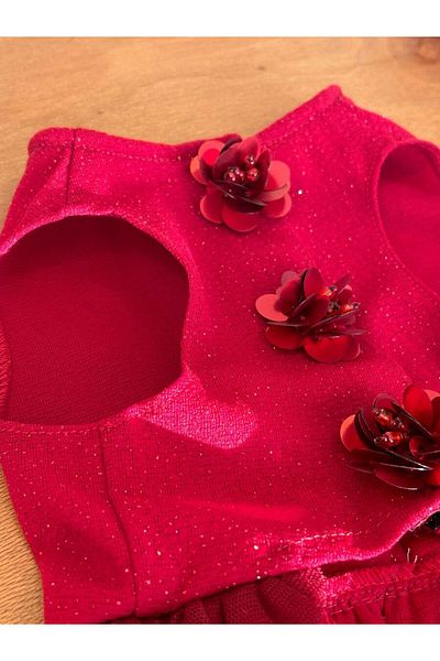 Bi Dolap Ponçik New Year Dress Red Glitter Floral Ribbon Detailed Stylish Cat Dog Outfit & Dress