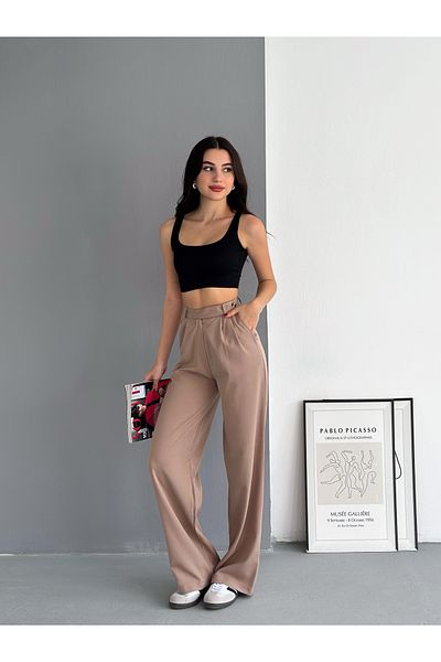 diaves Women's Mink Color Wide Leg Woven Fabric Palazzo Trousers