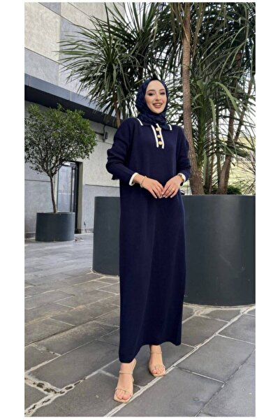 asyadabutik Πλεκτό μακρύ φόρεμα χιτζάμπ με χρυσό πουκάμισο με κουμπιά