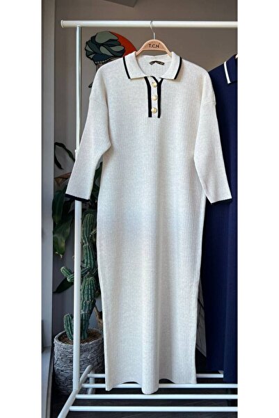 asyadabutik Μακρύ φόρεμα με χρυσά κουμπιά και πλεκτό γιακά πουκάμισο