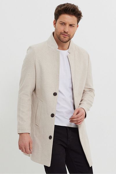 MODAMESTO Men's Ecru Slim Fit Stand Collar Coat
