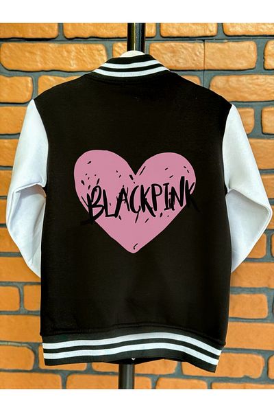 MECH BUTİK Blackpink Heart Printed Black College Jacket College Coat