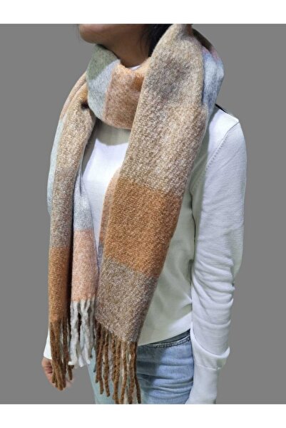 Trenderrs Γυναικείο μαντήλι από μαλακό μαλλί με φούντα καρό σάλι ώμου