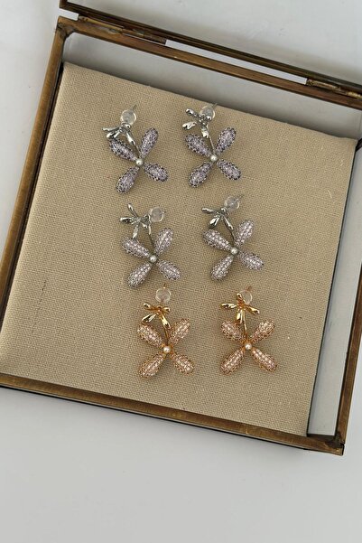 MyladyAccessoriess Zirkon Taş Detaylı Gümüş Kaplama Çiçek Küpe Gold