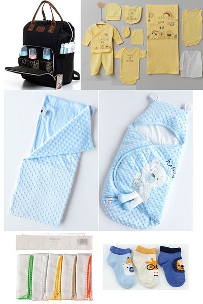 Necix's 6-Piece CUTE MONTHS BIRTH SET (10-Piece HOSPITAL EXIT, BABY BAG, SWADDLE, BLANKET, WIPES AND SOCKS SET)