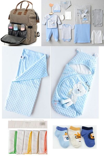 Necix's 6-Piece CUTE MONTHS BIRTH SET (10-Piece HOSPITAL EXIT, BABY BAG, SWADDLE, BLANKET, WIPES AND SOCKS SET)