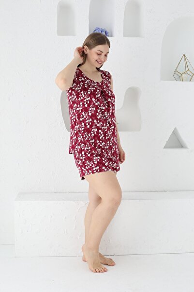 Lagertha by İntensive printed suspender lycra viscose plus size nightgown set with bottom top shorts