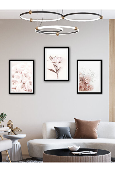 YALOVA SHOP Διακοσμητικό Σετ Πίνακων με Μαλακά Ροζ Λουλούδια 3 τεμαχίων