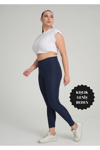 BANEGA Curve Plus Size Πλεκτό Χειμερινό Μπλε Μπλε Κολάν με Ροζ Φλις