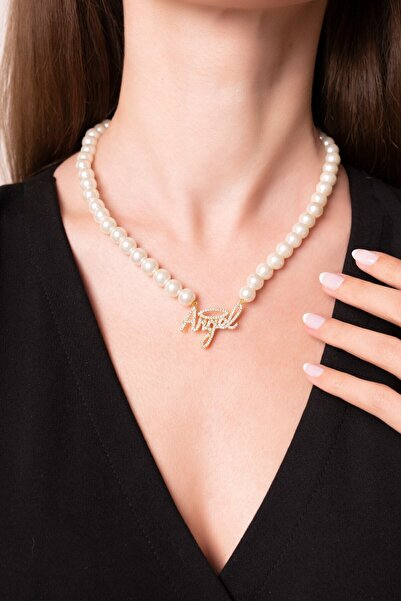 Ayenci Özel Tasarım Taşlı Slogan Angel Tatlı Su Kültür Inci Choker Sevgililer...