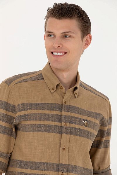 U.S. Polo Assn. Ανδρικό ελαφρύ χακί μακρυμάνικο πουκάμισο ELİFSU BUTİKHOME