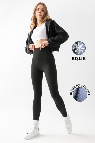 RuyaMood Kadın Siyah Kışlık İçi Polarlı Yüksek Bel Toparlayıcı Şardonlu Mat Tayt