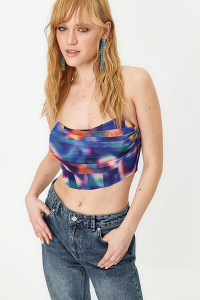Trendyol Collection Кольорове бюст'є Orme Tul з квітковим візерунком синє TPRSS23BS00104