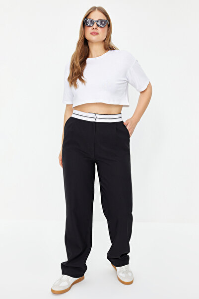 Trendyol Curve Velké černé kontrastní bílé široké nohavice s detailem v pase - TBBAW24AR00031