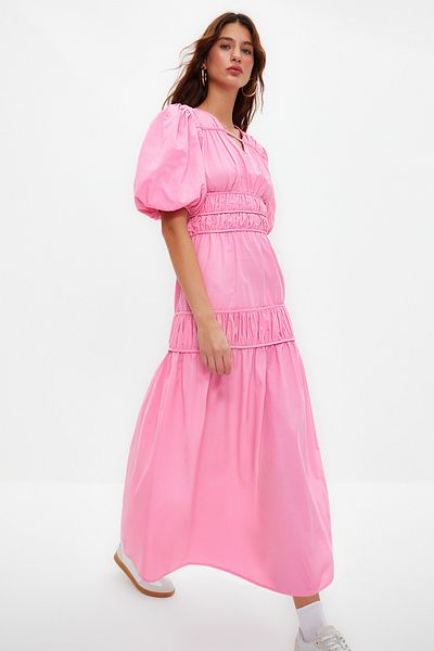 Trendyol Modest Ροζ Gather Λεπτομερές Μακρύ Υφαντό Φόρεμα TCTSS24EB00010