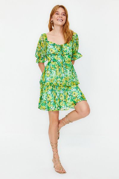 Trendyol Collection Зелена квіткова спідниця-скейтер з воланами, спадаюча міні-сукня-двійкаSS22EL2772