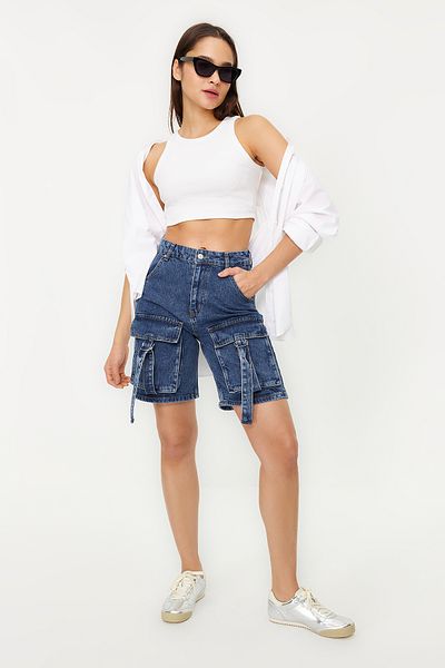 Trendyol Collection Blue Cargo Pocket Regular Waist Denim Bermuda Twoss24Sr00014