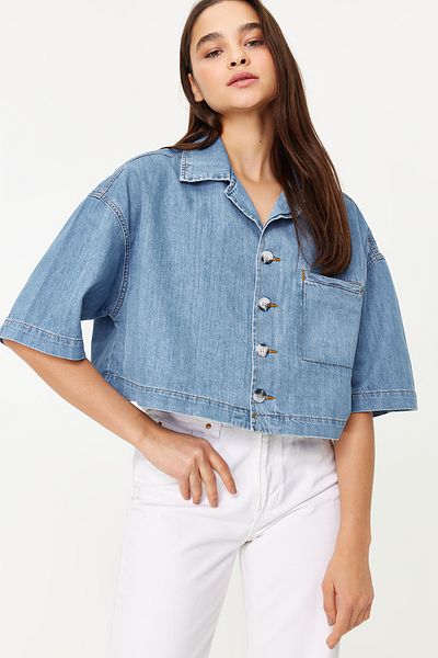 Trendyol Collection Cămașă albastră din denim cu mânecă scurtă TWOSS24GO00022