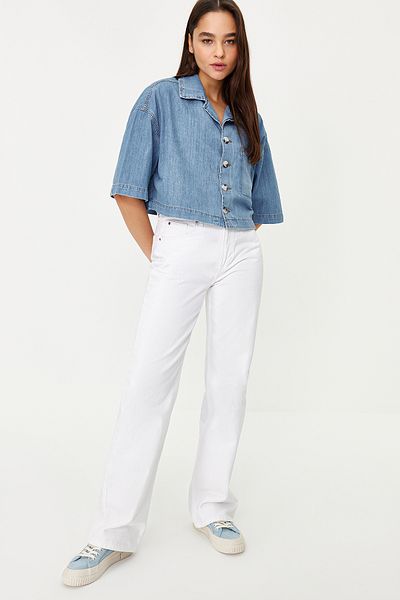 Trendyol Collection Cămașă albastră din denim cu mânecă scurtă TWOSS24GO00022