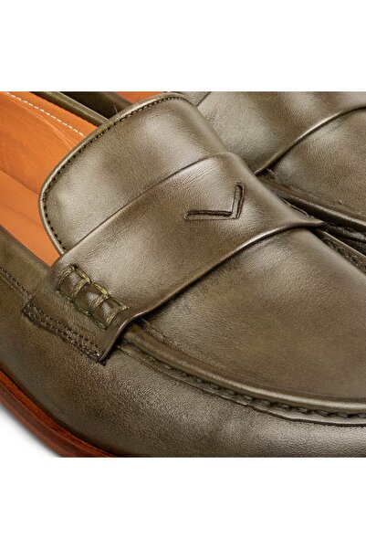 ZERBAY Stanley Kösele Taban Hakiki Deri Erkek Klasik Ayakkabı, Loafer Klasik Ayakkabı, Kösele Klasik Haki