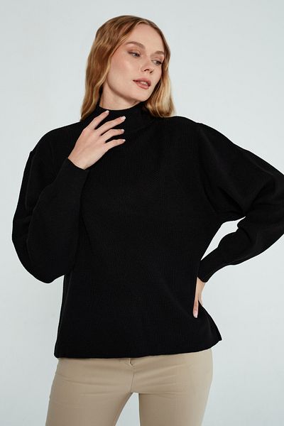 JOVENMADRE Pulover de damă cu guler vertical, simplu, negru, tricotaj