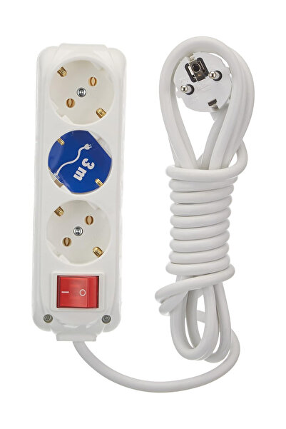 Almera 3 Lü Anahtarlı Topraklı Priz Beyaz 3 Metre Kordonlu