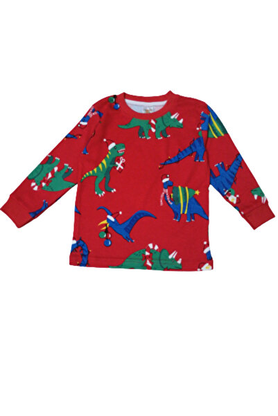 elmas kids Erkek Çocuk %100 Pamuklu Kırmızı Dinazor Temalı Uzun Kollu Pijama Takımı