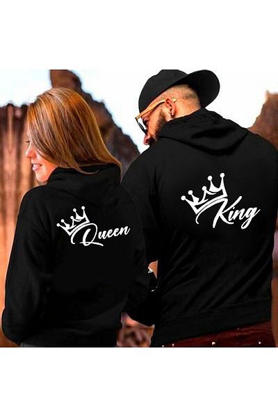 DUBU BUTİK 2-Piece Quuen King Dear Combination Sweatshirt - Black Printed Winter Oversize Hoodie