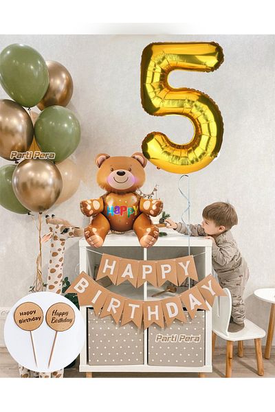 parti pera Kraft Happy Birthday Text Number Foil Balloon Bear Foil Balloon Set